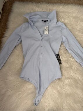 Express Light Blue Ribbed Long-Sleeve Bodysuit